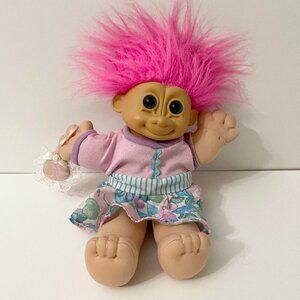 Vintage Russ Plush Troll Toy Doll with Purse Floral Dress 10 Inch Tall